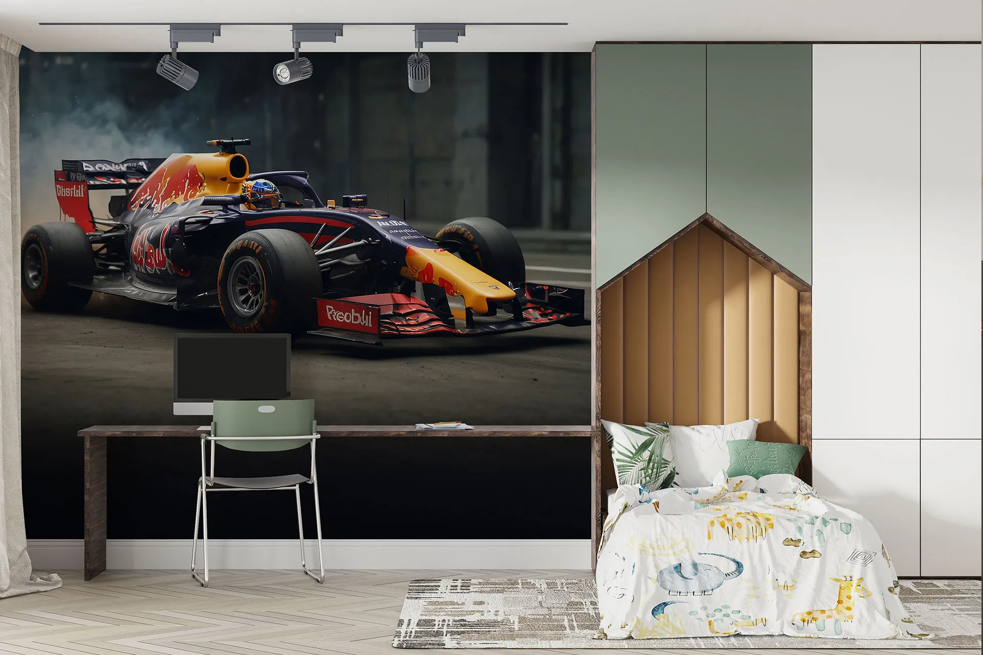 Фотошпалери червоний болід формули 1 у русі.