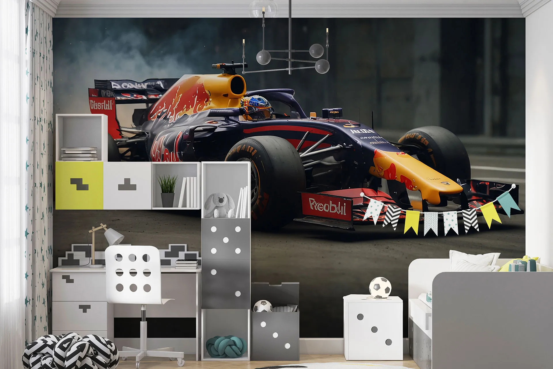 Фотошпалери червоний болід формули 1 у русі.