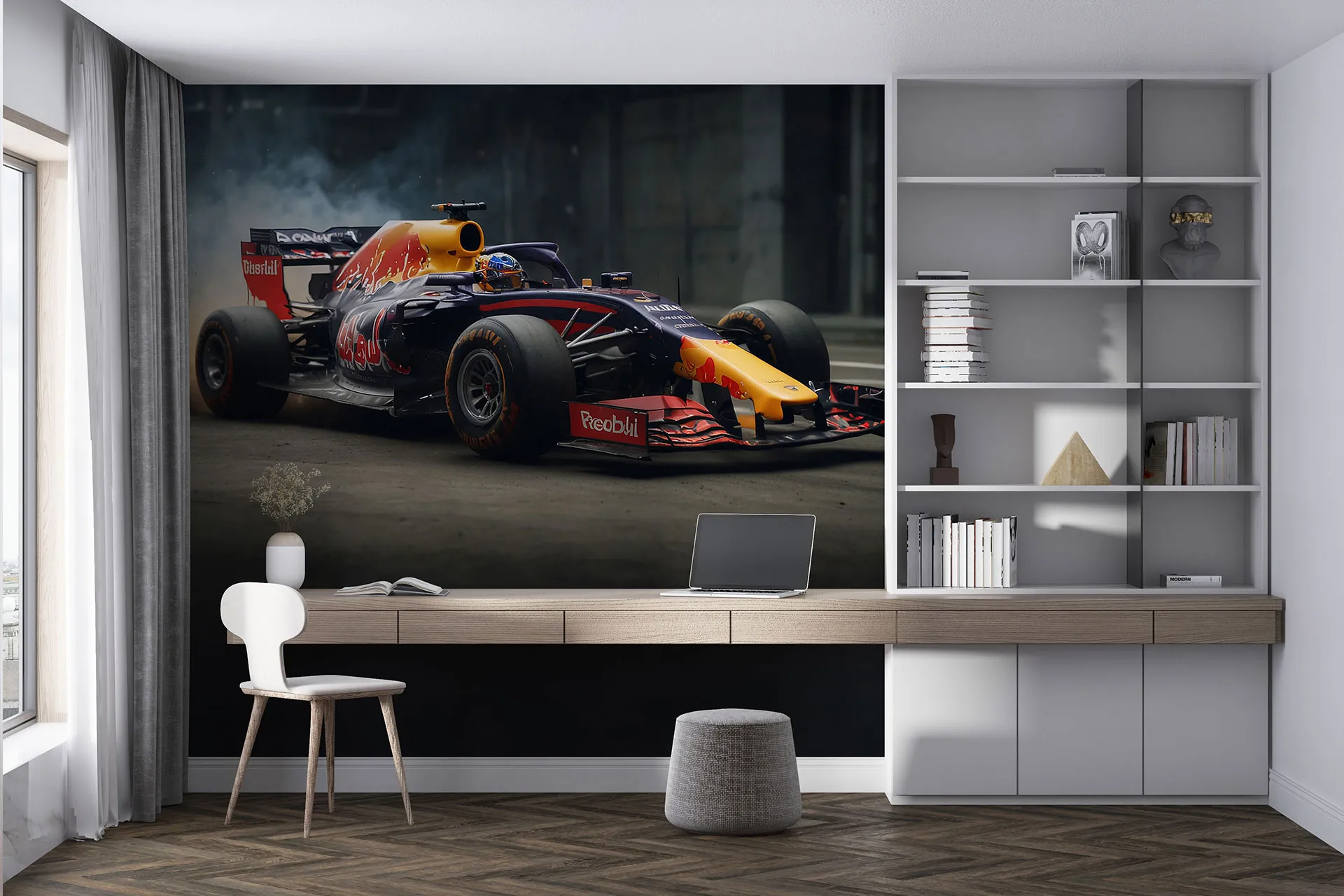 Фотошпалери червоний болід формули 1 у русі.